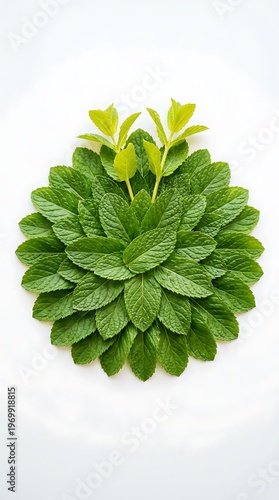 Fresh green mint leaves arranged in a circular pattern on a white surface  herbal plant