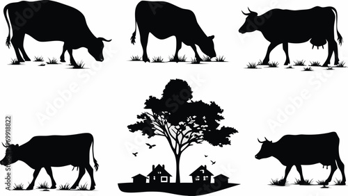 A set of black silhouettes depicting cows grazing in a rural landscape with a tree and farmhouse