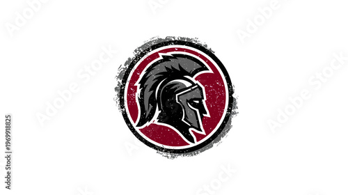 A stylized illustration of a warrior's head within a textured circle. The design is a symbol