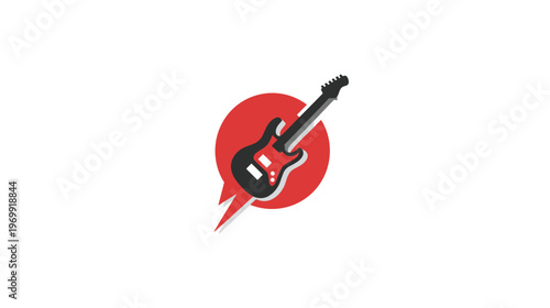 Graphic with an electric guitar in silhouette, within a red circle, on white background
