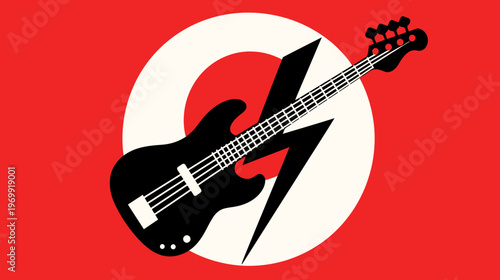 A black bass guitar design with a white neck and strings, set against a red background