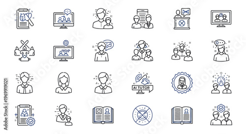 Comprehensive collection of business, human resources, and legal professional line icons depicting corporate management, team collaboration, and organizational structures