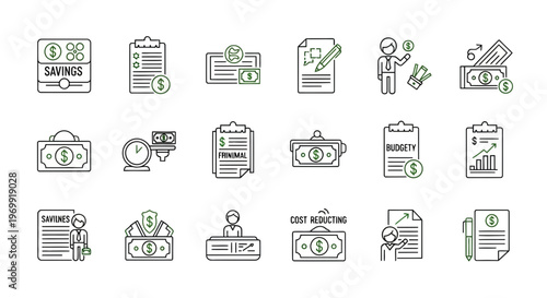 Financial Planning and Business Management Outline Icons A Comprehensive Vector Collection for Budgeting, Savings, Investments, Expense Tracking, and Cost Reduction Strategies