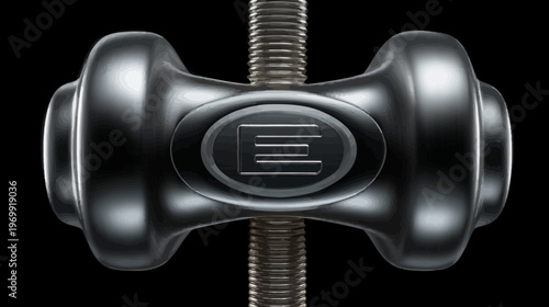A glossy metallic dumbbell-shaped object threaded by a central metal screw against a black backdrop