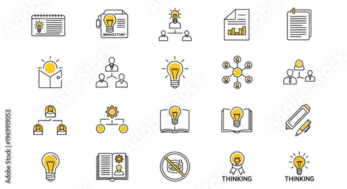 A versatile set of business idea and innovation icons, depicting strategic thinking, creative problem-solving, organizational development, and collaborative project execution