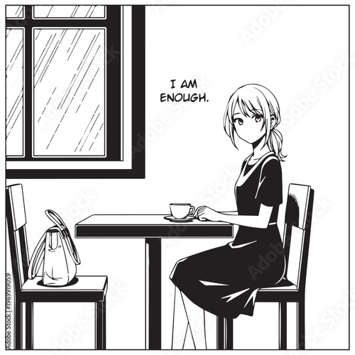 Cartoon woman sitting alone, feeling empowered, black and white comic strip, vector illustration, motivational quote