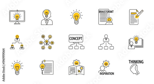 A comprehensive collection of 18 distinct vector icons illustrating various aspects of business strategy, innovative thinking, idea generation, organizational structure, and problem-solving processes