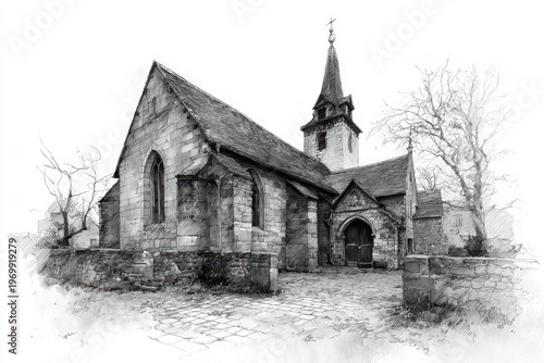 Vintage architectural illustration of an old church on a cobblestone lane with soft shading