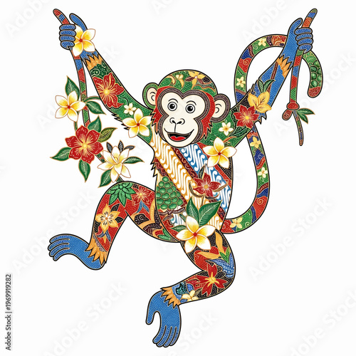 Colorful Artistic Monkey Illustration with Floral Patterns.