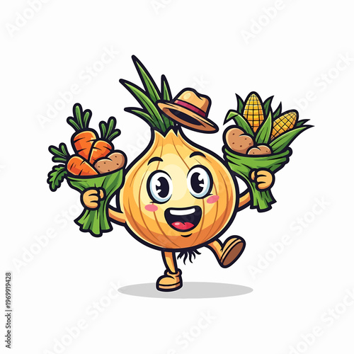 Cartoon Onion Character Holding Fresh Vegetables.