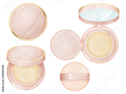 水彩画風のクッションファンデーションとメイクパフのイラストセット