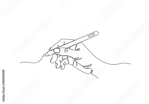 A hand holding a stylus draws a continuous line on a white background.