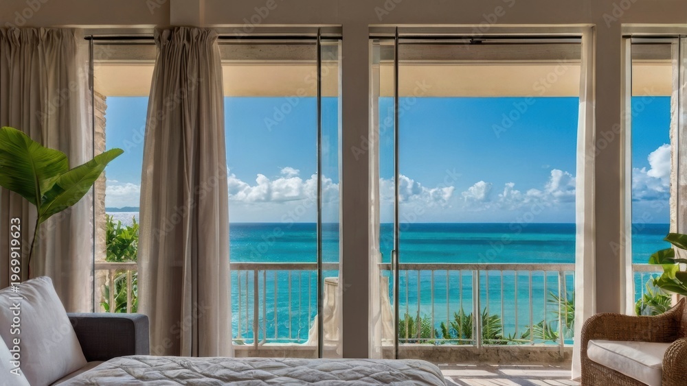 Fototapeta premium Ocean Vista: A sunlit interior frames the breathtaking view of the ocean, offering a serene escape. Curtains gently frame the scene, inviting a moment of peace.