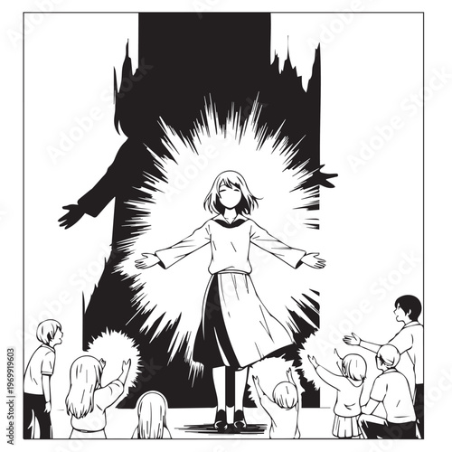 Comic book style illustration, girl with supernatural aura, surrounded by people, black and white