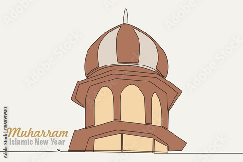 Colored Islamic New Year Muharram concept one-line drawing