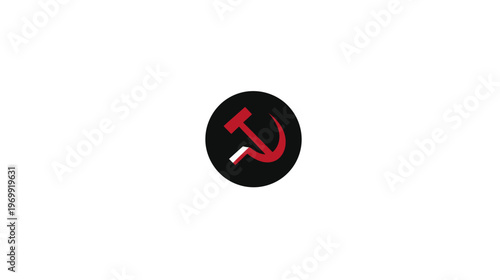 A red hammer and sickle symbol within a black circle, centered on a white background