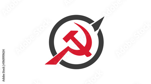 A red hammer and sickle symbol within a grey circle with an arrow-like point on a white background