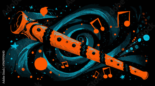 Illustration of a woodwind instrument against a swirl background, accompanied by musical notes and stars