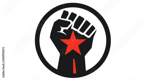 A black fist with a red star inside a black circle, set against a white background