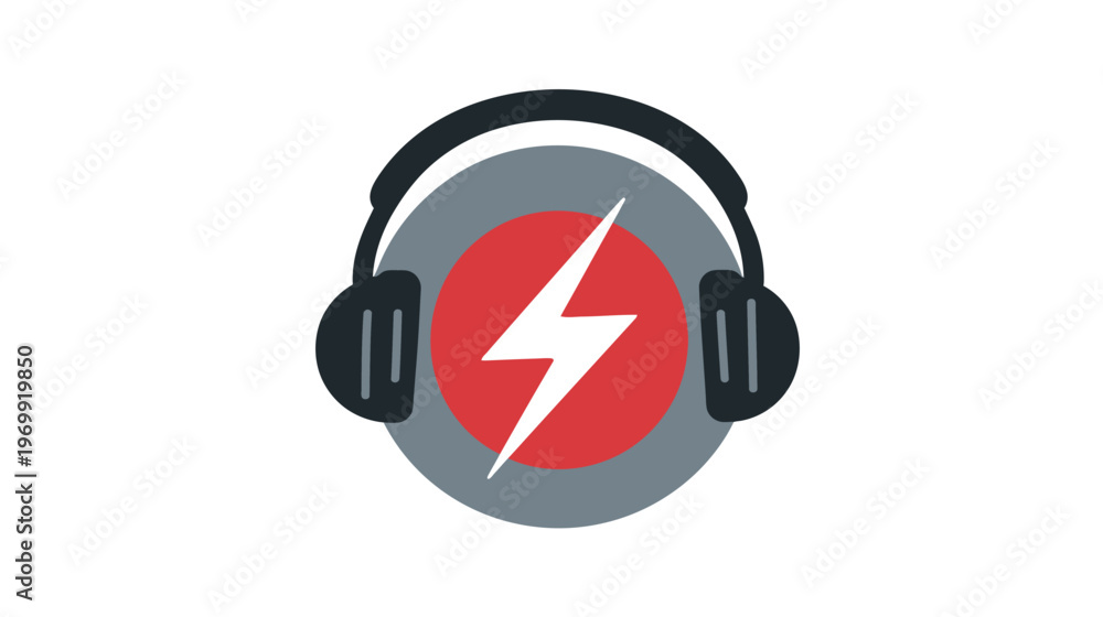 Obraz premium A stylized illustration depicting headphones encircling a centered red circle with a lightning bolt