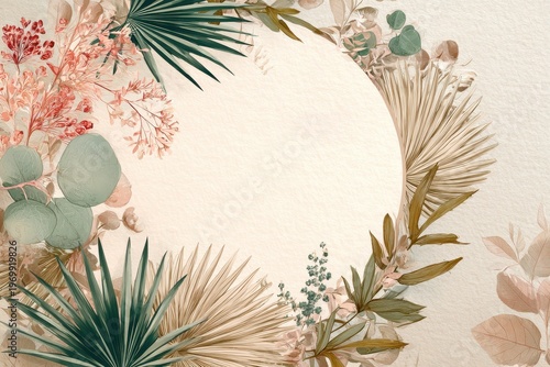 Watercolor Boho Wreath with Tropical Dry Plants for Invitations and Cards