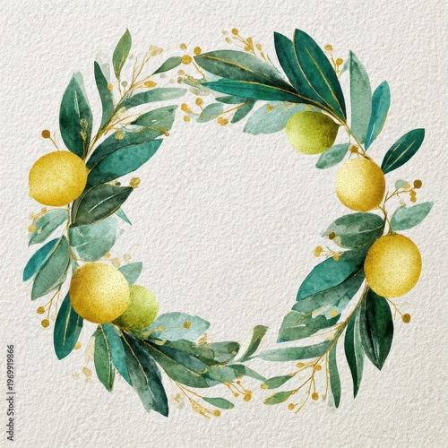 Watercolor greenery lemon frame with gold accents for decorative borders and invitations