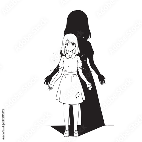 Fearful girl, shadow behind, creepy silhouette, black and white illustration, horror elements