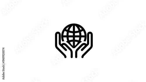 A simple black and white line drawing of a globe cradled gently by a pair of open hands