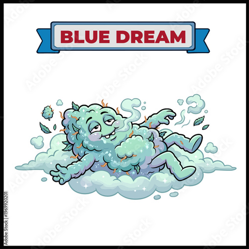 Dreamy Cartoon Cannabis Character Floating on Clouds Blue Dream Strain Illustration