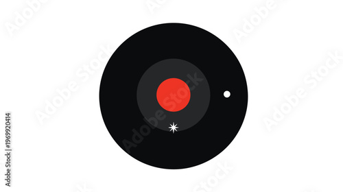 A geometric illustration featuring layered concentric circles, a bright red center and white details