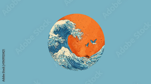 A stylized illustration depicting a large wave cresting in front of an orange sun, with birds