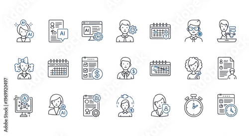 Modern Business and HR Management Vector Icons Illustrating AI, Data Analytics, Planning, and Workforce Solutions