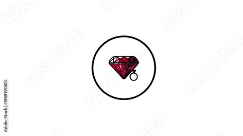 A red gem with ring, is inside a black circle, set against a pristine white background