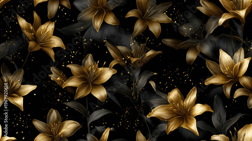 Seamless pattern with metallic golden lilies on black background with smoke and glitter accents, luxurious dramatic floral design