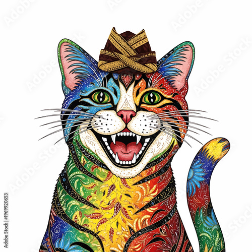 Colorful Artistic Cat with Bow and Whiskers.