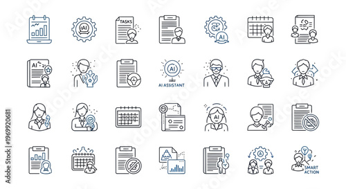 Modern line icon collection illustrating business management, human resources, data analysis, and office administration concepts for digital interfaces and professional presentations