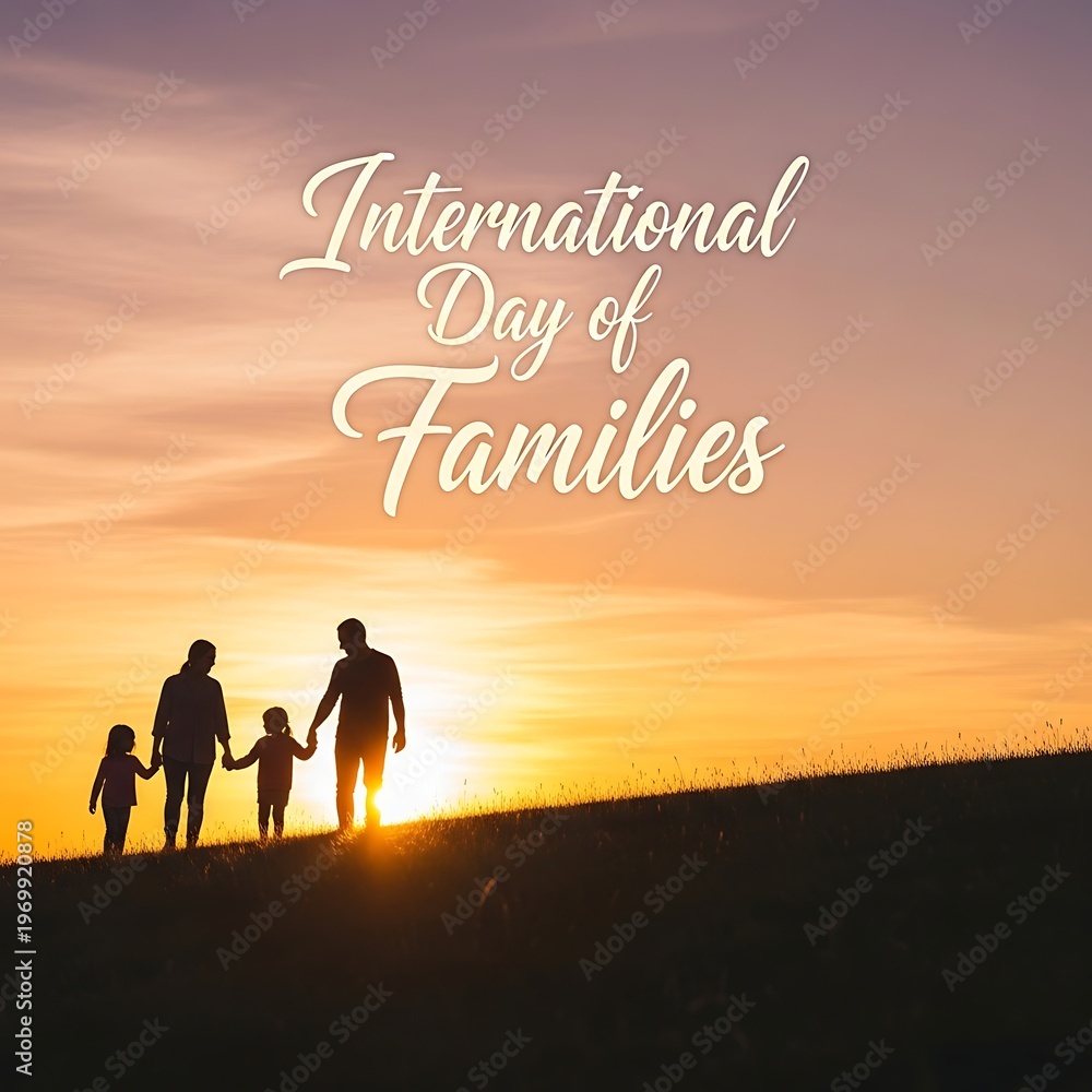 Fototapeta premium Beautiful family silhouette walking together at sunset celebrating international day of families in nature