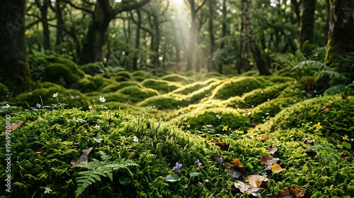 Serene forest floor with moss and wildflowers in sunlight filtering through trees in a natural landscape scene with greenery and foliage