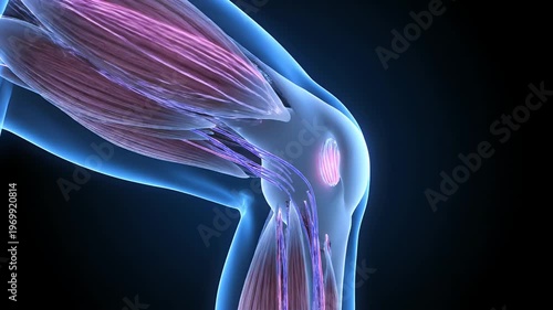 Detailed 3D medical illustration of human knee joint anatomy with muscles and bones.