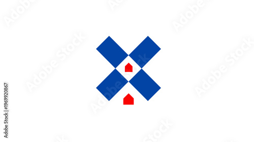 A geometric design featuring an "X" shape created from four blue diamond shapes on white backdrop