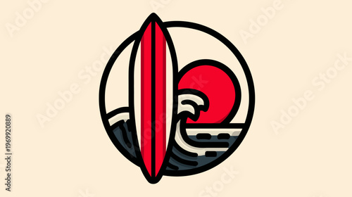 Stylized illustration of a surfboard in front of a red sun, encircled, with waves, against a cream backdrop