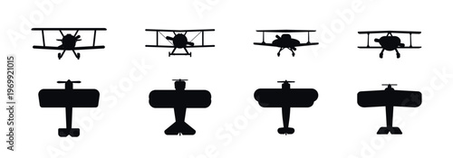 Biplane Silhouette Vector Set from Multiple Angles