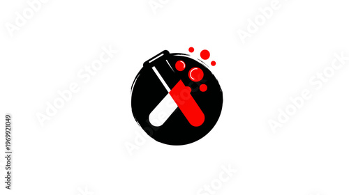 A stylized medical or scientific logo, featuring test tubes and red liquid in a circular composition