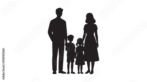 Silhouette of a Happy Young Family with Two Children Standing Together in Unity