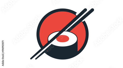 A modern flat design features a sushi roll with chopsticks and a red circle
