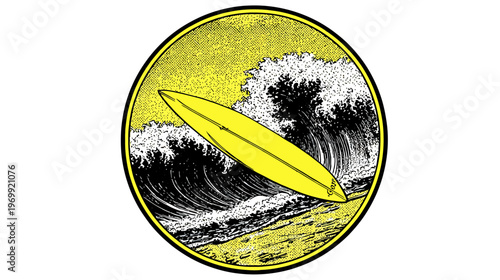 A stylized illustration features a yellow surfboard riding a wave in a circular yellow frame