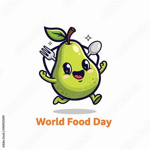 Cute Cartoon Pear Character Celebrating World Food Day.