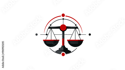 Graphic illustration features the scales of justice within a circle, colored in black and red
