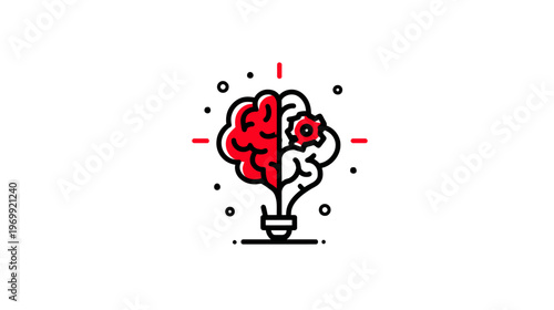 A stylized illustration depicting a split brain, half red, combined with a cog and an idea