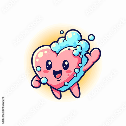 Cute Heart Character with Bubbles and Smile.